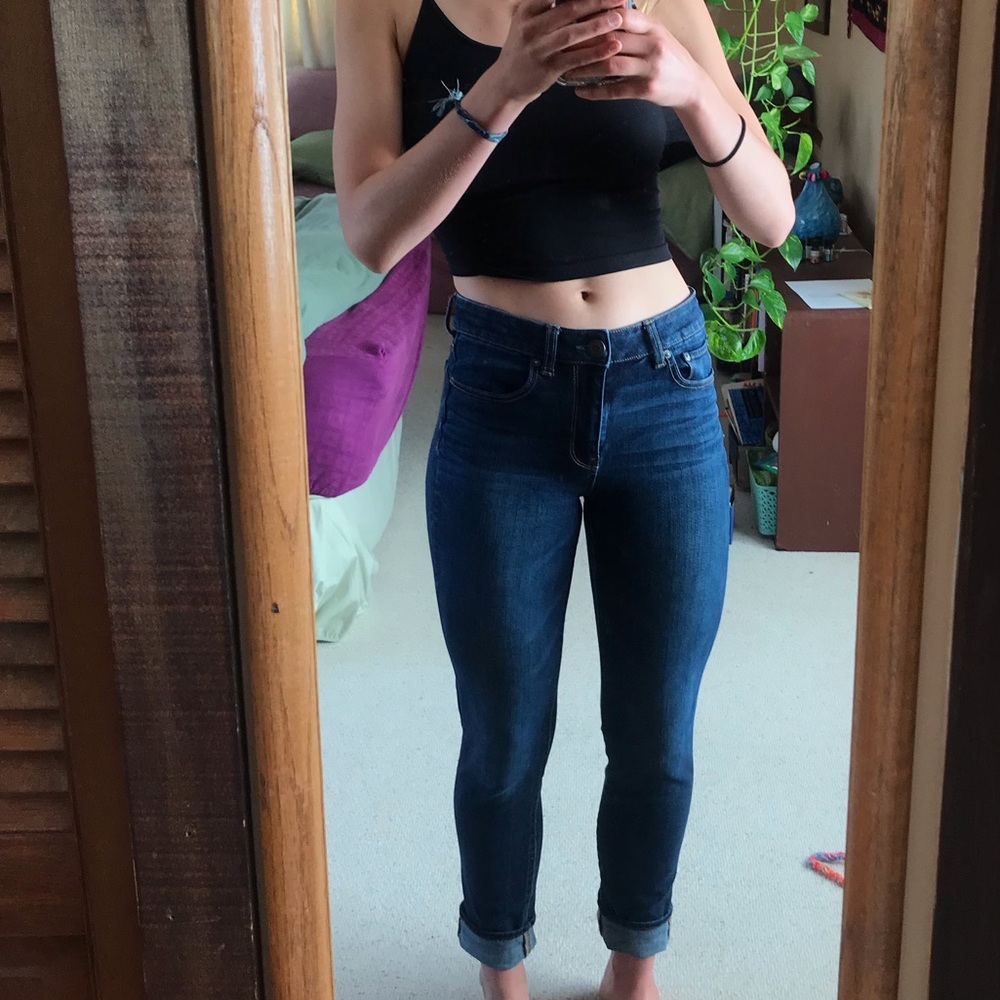 high rise straight dark blue aeo jeans